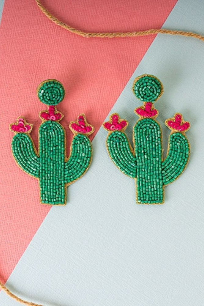 For You Green, Pink And Gold Seed Beaded Cactus Earrings-Earrings-For You-Deja Nu Boutique, Women's Fashion Boutique in Lampasas, Texas