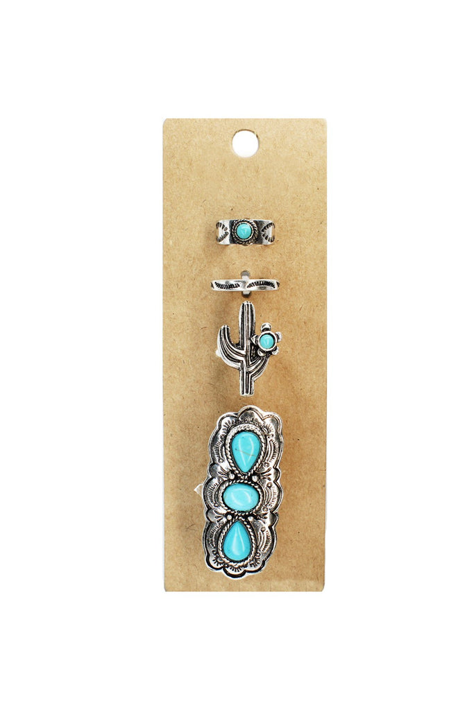 Four Piece Set Of Various Metal Rings With Turquoise Stones-Rings-Deja Nu-Deja Nu Boutique, Women's Fashion Boutique in Lampasas, Texas