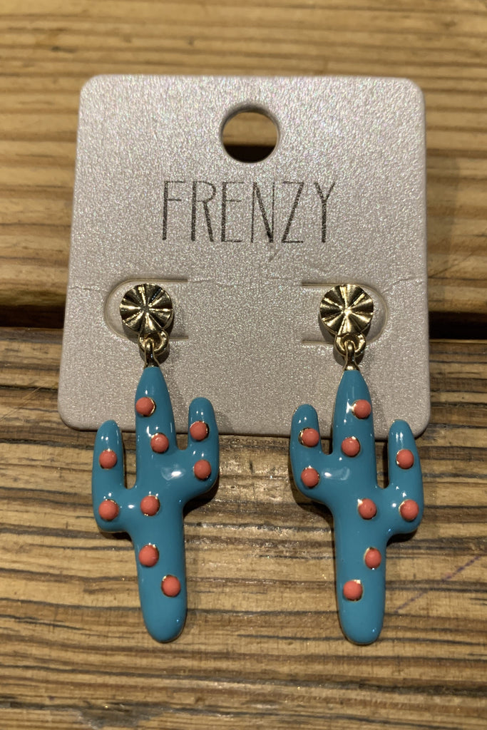 Frenzy Turquoise And Corral Cactus Earrings-Earrings-Deja Nu Tx-Deja Nu Boutique, Women's Fashion Boutique in Lampasas, Texas