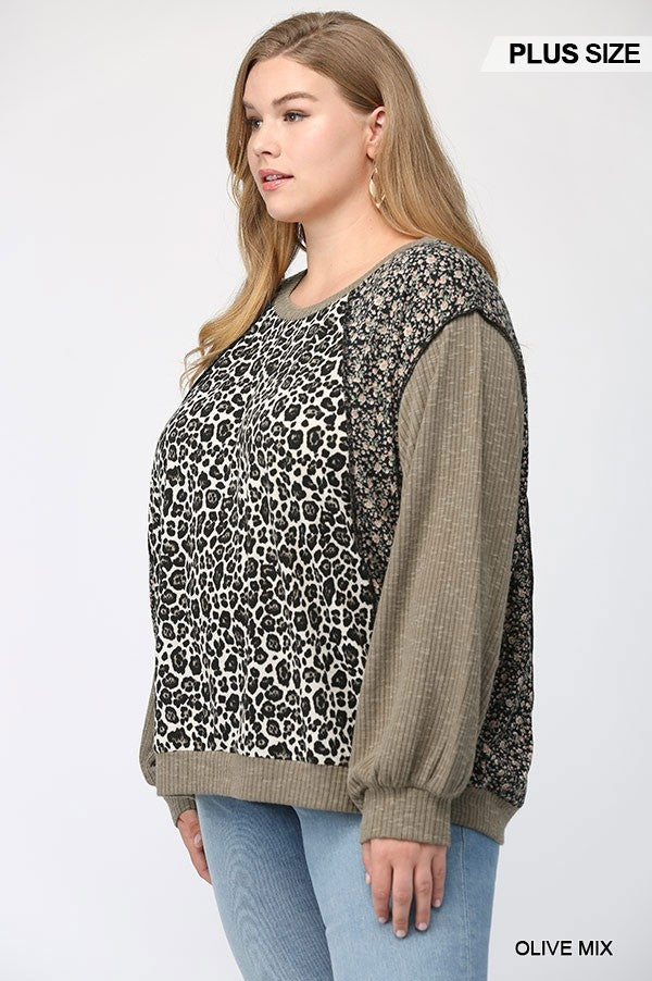 GiGiO Leopard And Ditsy Mixed Print Dolman Top In Olive Plus-Curvy/Plus Tops-GiGiO-Deja Nu Boutique, Women's Fashion Boutique in Lampasas, Texas