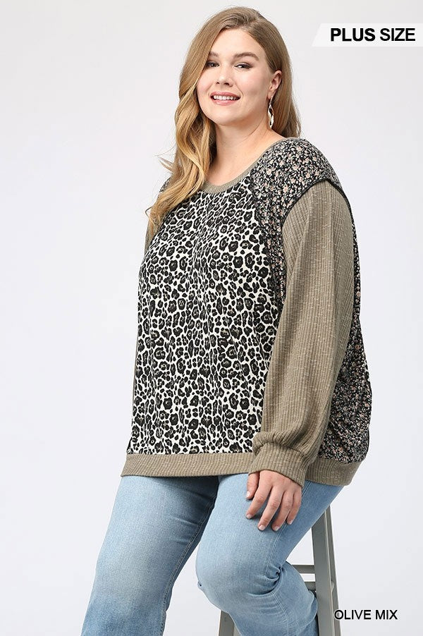 GiGiO Leopard And Ditsy Mixed Print Dolman Top In Olive Plus-Curvy/Plus Tops-GiGiO-Deja Nu Boutique, Women's Fashion Boutique in Lampasas, Texas