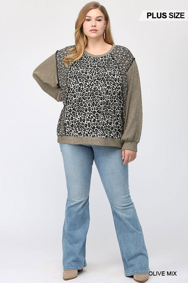GiGiO Leopard And Ditsy Mixed Print Dolman Top In Olive Plus-Curvy/Plus Tops-GiGiO-Deja Nu Boutique, Women's Fashion Boutique in Lampasas, Texas