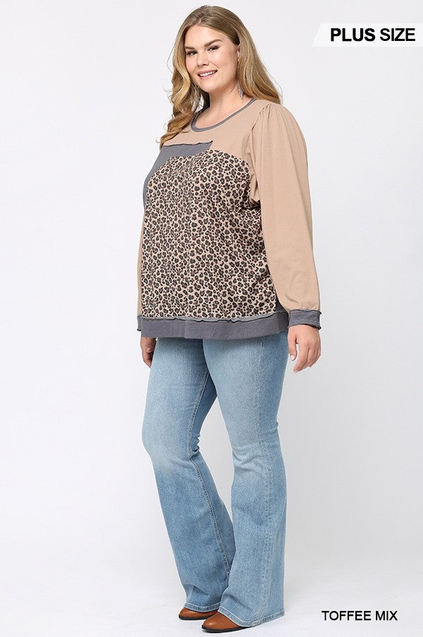 GiGiO Leopard Color Block Loose Fit Top In Toffee MIx Plus-Curvy/Plus Tops-GiGiO-Deja Nu Boutique, Women's Fashion Boutique in Lampasas, Texas