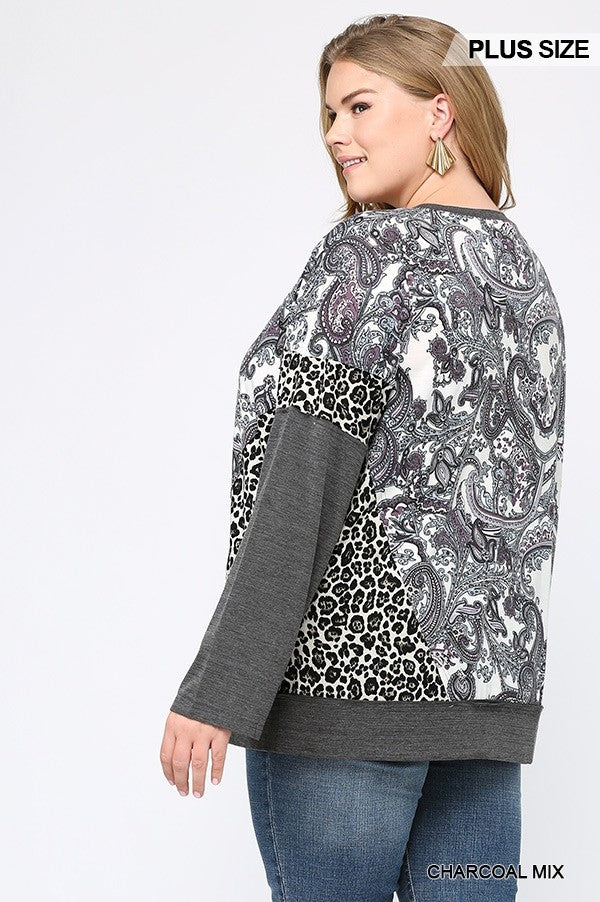 GiGiO Pasley Leopard Color Block Top In A Charcoal Mix Plus-Curvy/Plus Tops-GiGiO-Deja Nu Boutique, Women's Fashion Boutique in Lampasas, Texas