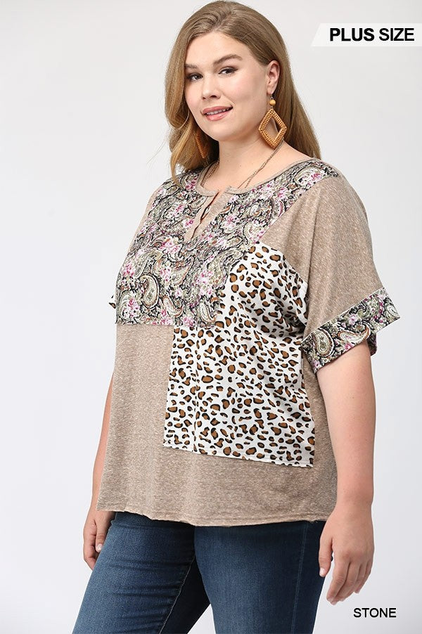 GiGiO Stone Printed Mixed Patchwork Print Top Plus-Curvy/Plus Tops-GiGiO-Deja Nu Boutique, Women's Fashion Boutique in Lampasas, Texas