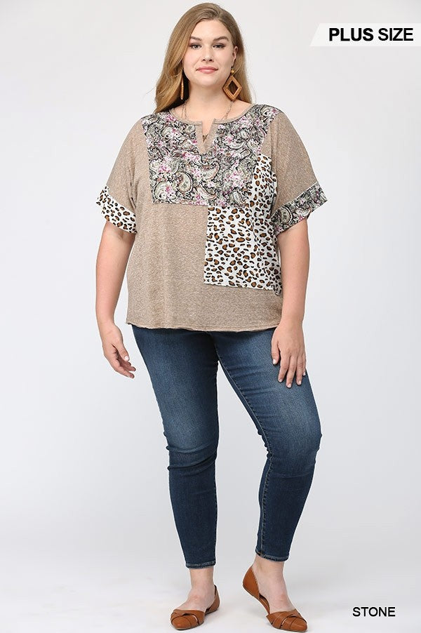 GiGiO Stone Printed Mixed Patchwork Print Top Plus-Curvy/Plus Tops-GiGiO-Deja Nu Boutique, Women's Fashion Boutique in Lampasas, Texas