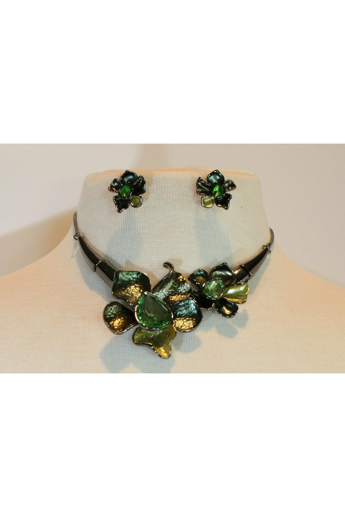 Green Flower Necklace Set-Necklaces-Deja Nu Tx-Deja Nu Boutique, Women's Fashion Boutique in Lampasas, Texas