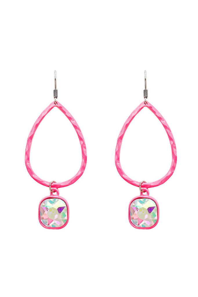 Hammered Teardrop Neon Pink Glass Stone Dangle Earring-Earrings-Deja Nu-Deja Nu Boutique, Women's Fashion Boutique in Lampasas, Texas