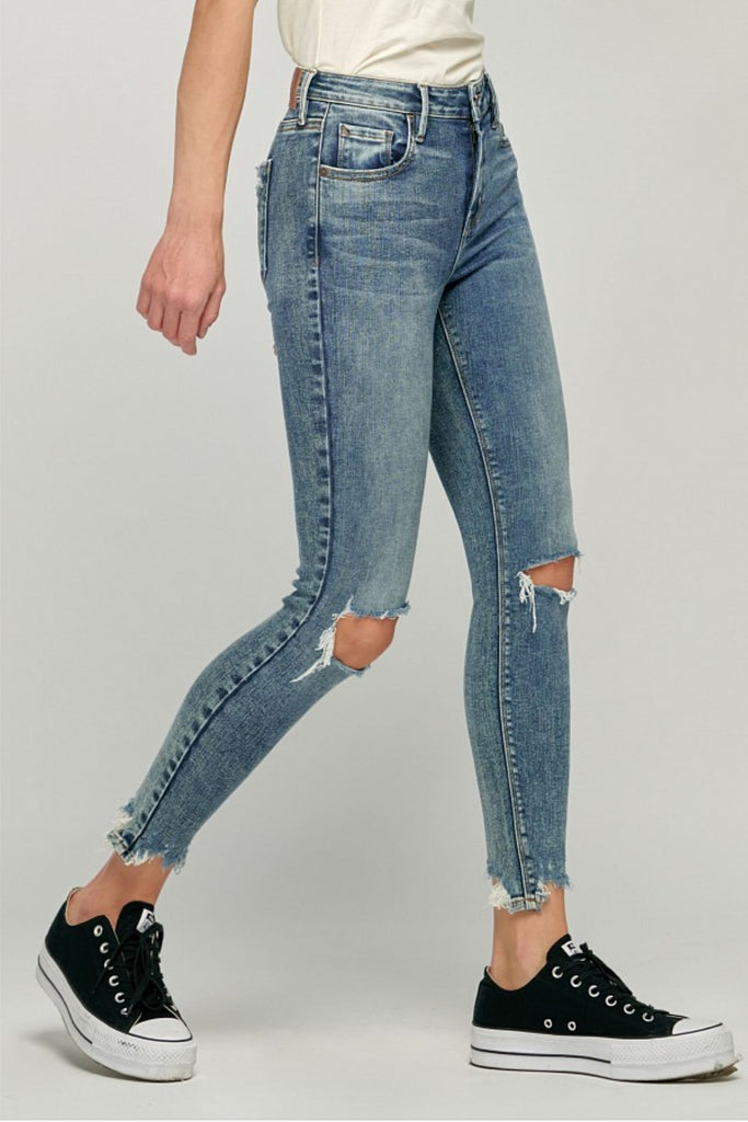 Hidden Amelia Dark Wash Chewed Hem Distressed Skinny 27in Inseam-Jeans-Hidden-Deja Nu Boutique, Women's Fashion Boutique in Lampasas, Texas