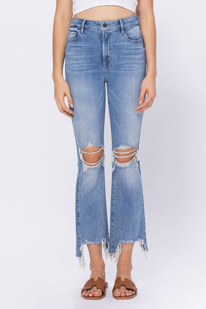 Hidden Happi High Rise Medium Wash Knee Distressed Frayed Cropped Flare-Jeans-Hidden-Deja Nu Boutique, Women's Fashion Boutique in Lampasas, Texas