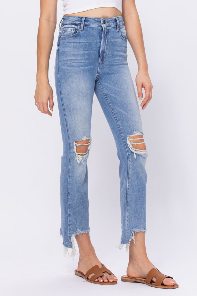 Hidden Happi High Rise Medium Wash Knee Distressed Frayed Cropped Flare-Jeans-Hidden-Deja Nu Boutique, Women's Fashion Boutique in Lampasas, Texas