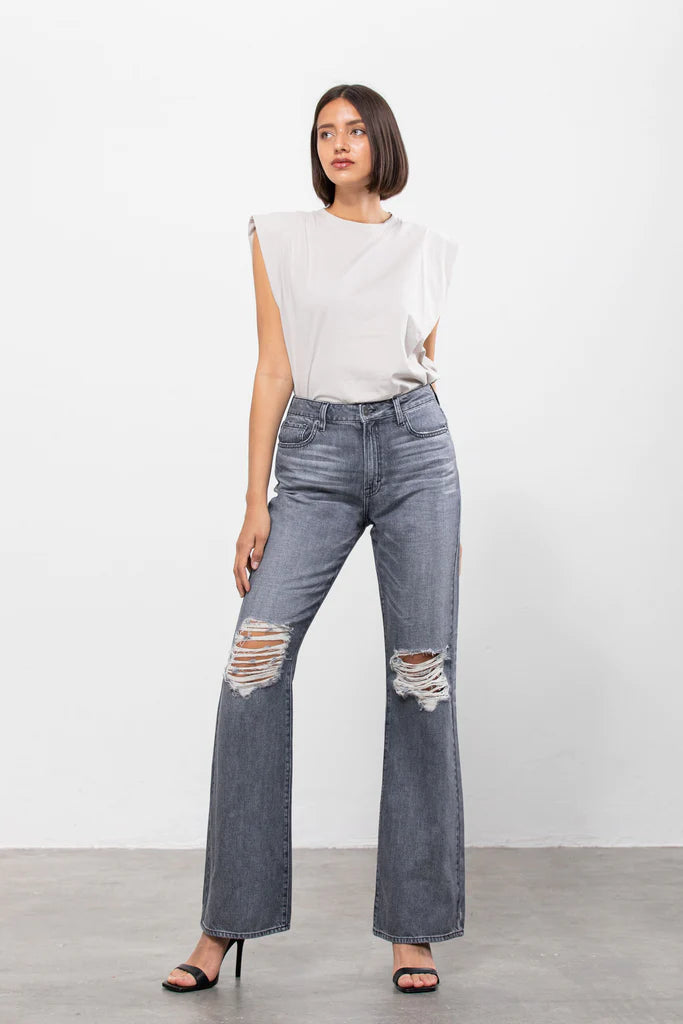 Hidden Happi Ultra High Rise Distressed Flare In Grey-Jeans-Hidden-Deja Nu Boutique, Women's Fashion Boutique in Lampasas, Texas