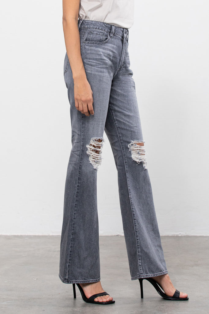 Hidden Happi Ultra High Rise Distressed Flare In Grey-Jeans-Hidden-Deja Nu Boutique, Women's Fashion Boutique in Lampasas, Texas