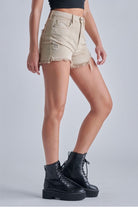 Hidden Jeans Finn Khaki Step Hem High Rise Frayed Shorts-Shorts-Hidden-Deja Nu Boutique, Women's Fashion Boutique in Lampasas, Texas