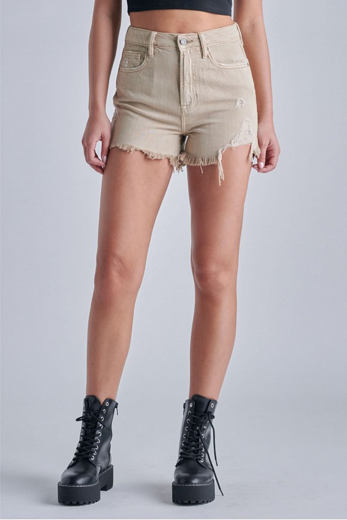 Hidden Jeans Finn Khaki Step Hem High Rise Frayed Shorts-Shorts-Hidden-Deja Nu Boutique, Women's Fashion Boutique in Lampasas, Texas