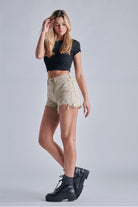 Hidden Jeans Finn Khaki Step Hem High Rise Frayed Shorts-Shorts-Hidden-Deja Nu Boutique, Women's Fashion Boutique in Lampasas, Texas