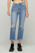 Hidden Jeans Happi Crop Flare With Frayed Uneven Hem In Medium Wash-Jeans-Hidden-Deja Nu Boutique, Women's Fashion Boutique in Lampasas, Texas