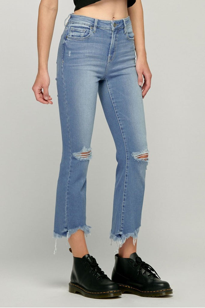 Hidden Jeans Happi Crop Flare With Frayed Uneven Hem In Medium Wash-Jeans-Hidden-Deja Nu Boutique, Women's Fashion Boutique in Lampasas, Texas