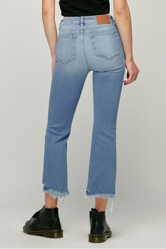 Hidden Jeans Happi Crop Flare With Frayed Uneven Hem In Medium Wash-Jeans-Hidden-Deja Nu Boutique, Women's Fashion Boutique in Lampasas, Texas