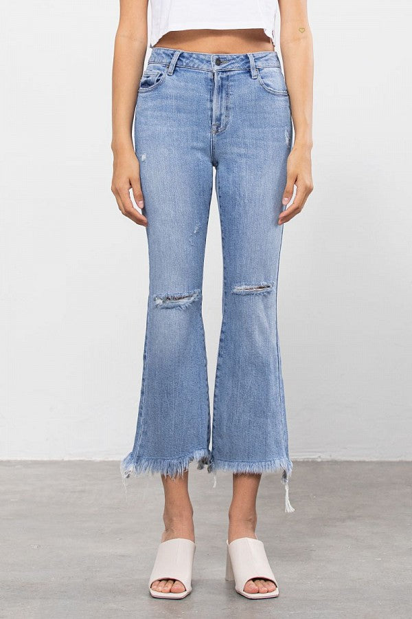 Hidden High Rise Light Blue Super Fray Crop Flare Jean-Jeans-Hidden-Deja Nu Boutique, Women's Fashion Boutique in Lampasas, Texas