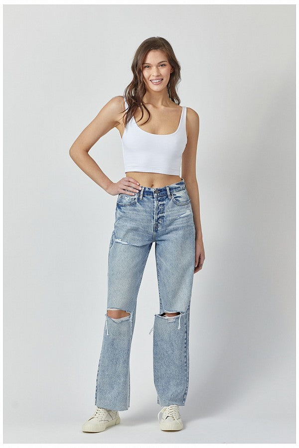 Hidden Logan Medium Wash Heavy Distressed Dad Jeans-Bottoms-Hidden-Deja Nu Boutique, Women's Fashion Boutique in Lampasas, Texas