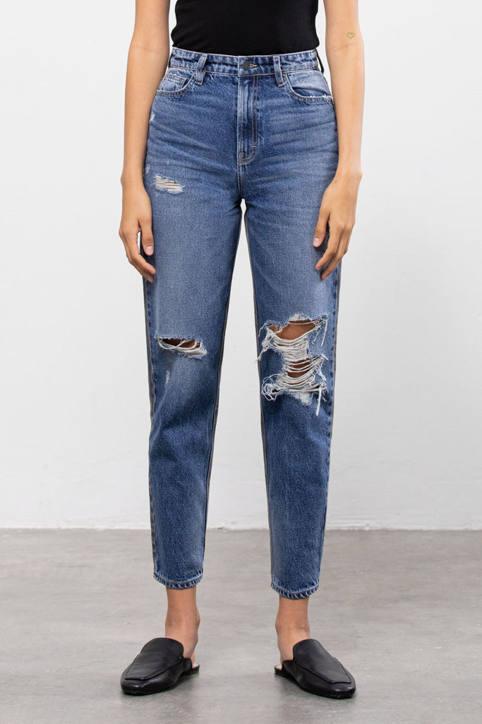 Hidden Medium Wash Two Tone Distressed Mom Tapered Fit-Jeans-Hidden-Deja Nu Boutique, Women's Fashion Boutique in Lampasas, Texas