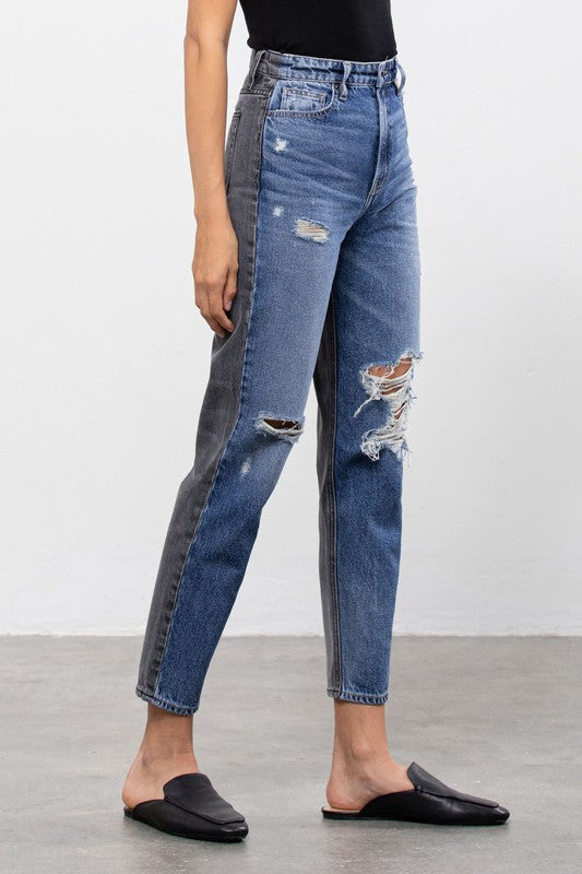 Hidden Medium Wash Two Tone Distressed Mom Tapered Fit-Jeans-Hidden-Deja Nu Boutique, Women's Fashion Boutique in Lampasas, Texas