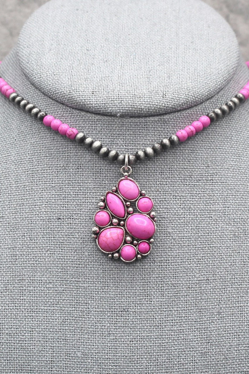 Hippie Navajo Pearl And Semi Genuine Stone Bead Necklace With Semi-Genuine Stone Embedded Pendant In Hot Pink-Necklaces-Hippie-Deja Nu Boutique, Women's Fashion Boutique in Lampasas, Texas