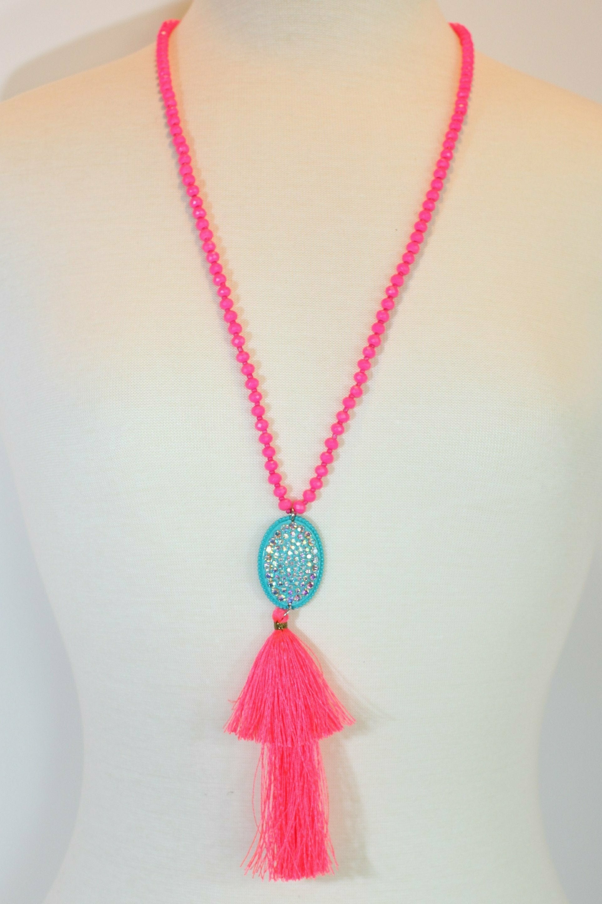 Hot Pink Necklace With Turquoise Medallion and Pink Tassel-Necklaces-Deja Nu Tx-Deja Nu Boutique, Women's Fashion Boutique in Lampasas, Texas