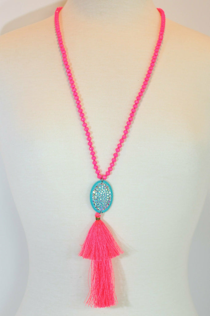 Hot Pink Necklace With Turquoise Medallion and Pink Tassel-Necklaces-Deja Nu Tx-Deja Nu Boutique, Women's Fashion Boutique in Lampasas, Texas