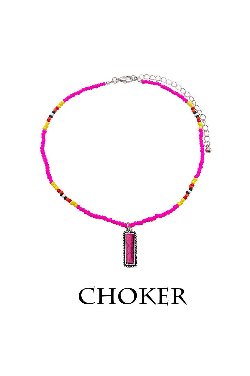 Hot Pink Semi Genuine Stone Pendant With Multi Colored Seed Bead Choker Necklace.-Necklaces-Deja Nu-Deja Nu Boutique, Women's Fashion Boutique in Lampasas, Texas