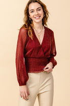 HyFve Faux Wrap Sparkle Holiday Blouse Burgundy Or Black-Long Sleeves-Hyfve-Deja Nu Boutique, Women's Fashion Boutique in Lampasas, Texas