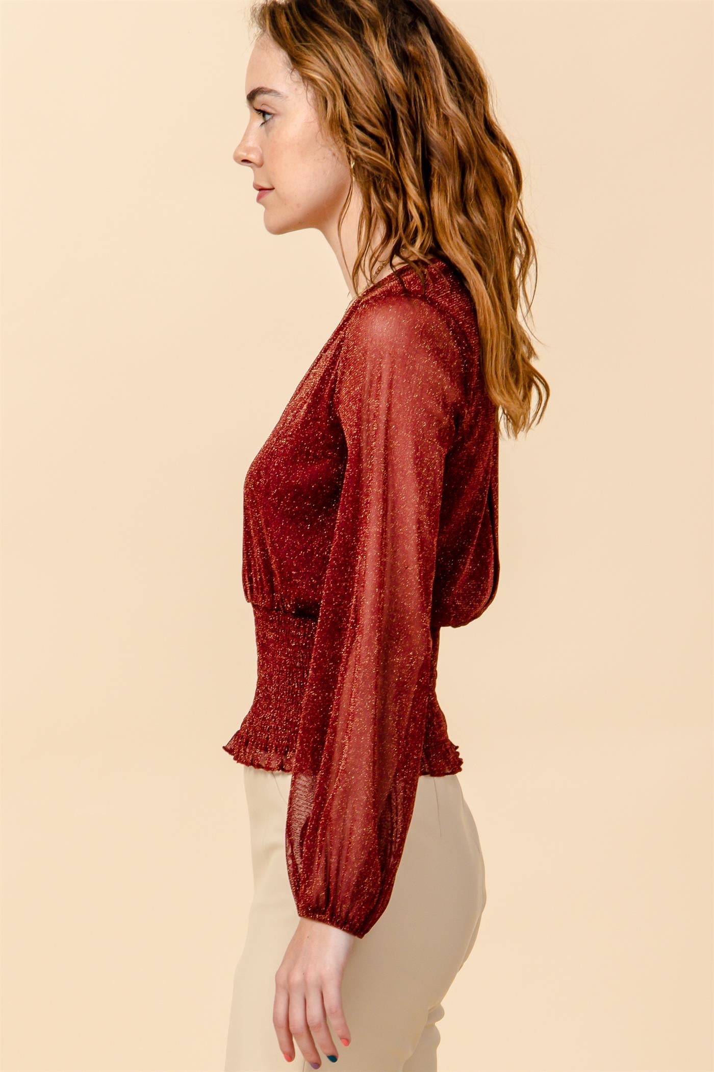 HyFve Faux Wrap Sparkle Holiday Blouse Burgundy Or Black-Long Sleeves-Hyfve-Deja Nu Boutique, Women's Fashion Boutique in Lampasas, Texas