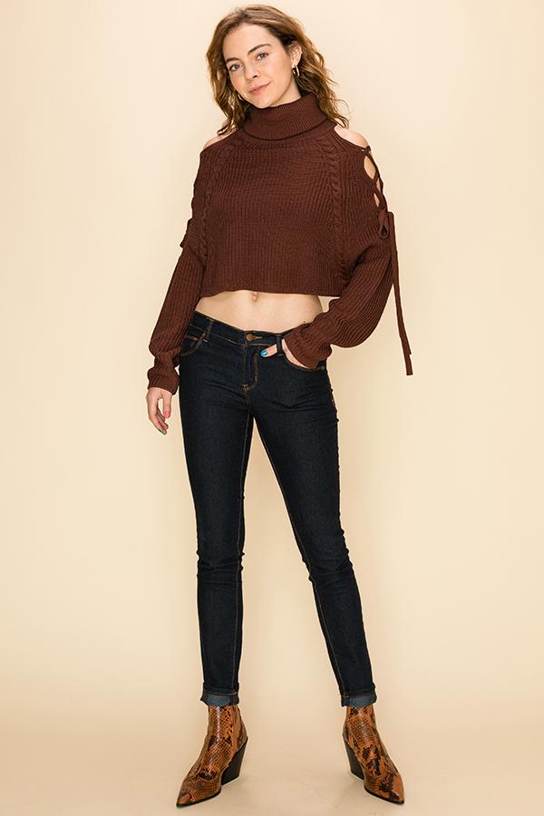 Hyfve Brown Lattice Sleeve Turtleneck Crop Sweater-Sweaters-Hyfve-Deja Nu Boutique, Women's Fashion Boutique in Lampasas, Texas