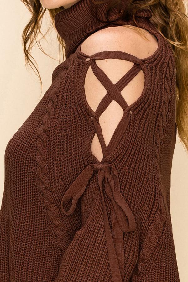 Hyfve Brown Lattice Sleeve Turtleneck Crop Sweater-Sweaters-Hyfve-Deja Nu Boutique, Women's Fashion Boutique in Lampasas, Texas