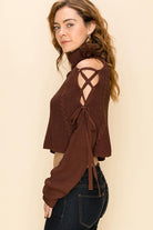 Hyfve Brown Lattice Sleeve Turtleneck Crop Sweater-Sweaters-Hyfve-Deja Nu Boutique, Women's Fashion Boutique in Lampasas, Texas