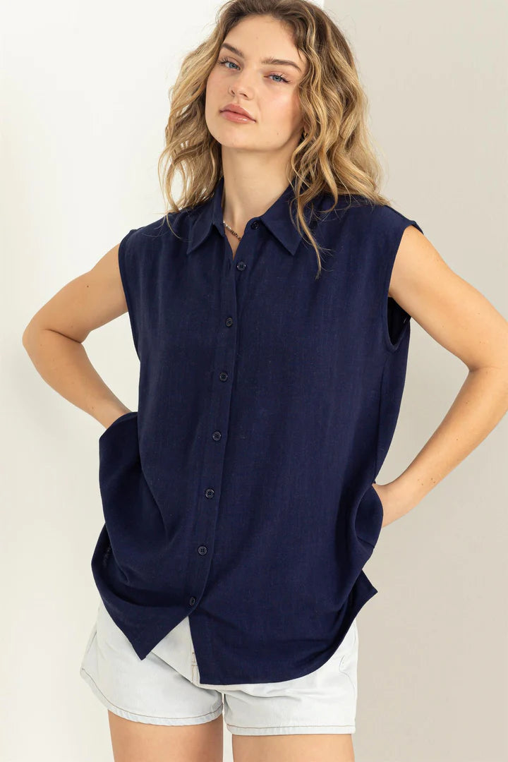 Hyfve Daytime Darling Linen Button Up Sleeveless Shirt In Dark Night-Camis/Tanks-Hyfve-Deja Nu Boutique, Women's Fashion Boutique in Lampasas, Texas