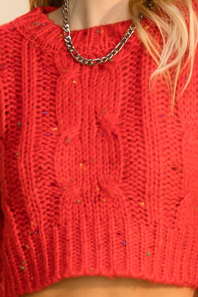 Hyfve Double Zero Crew Neck Cable Crop Popcorn Sweater In Red Or Smoke Blue-Sweaters-Hyfve-Deja Nu Boutique, Women's Fashion Boutique in Lampasas, Texas