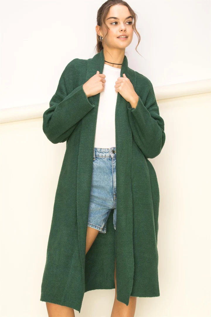 Hyfve Double Zero Get The Trend Long Sleeve Duster Sweater In Hunter Green-Cardigans & Kimonos-Hyfve-Deja Nu Boutique, Women's Fashion Boutique in Lampasas, Texas