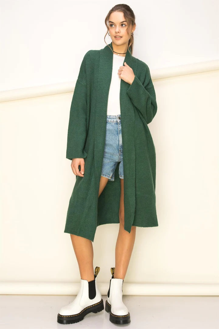 Hyfve Double Zero Get The Trend Long Sleeve Duster Sweater In Hunter Green-Cardigans & Kimonos-Hyfve-Deja Nu Boutique, Women's Fashion Boutique in Lampasas, Texas