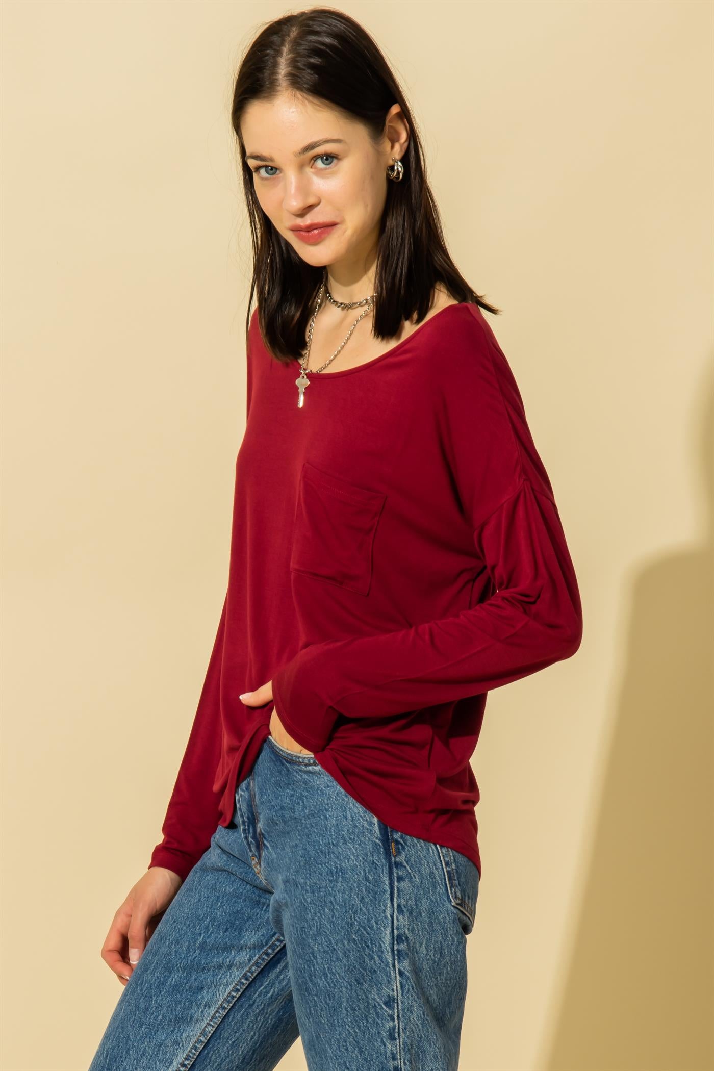 Hyfve Double Zero Scoop Neck Pocket Long Sleeve Tee In Five Colors-Long Sleeves-Hyfve-Deja Nu Boutique, Women's Fashion Boutique in Lampasas, Texas