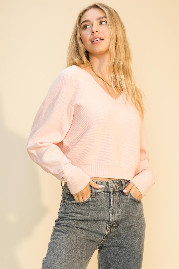 Hyfve Double Zero V Neck Dolman Long Sleeve Sweater In Pale Pink Or Whip Cream-Sweaters-Hyfve-Deja Nu Boutique, Women's Fashion Boutique in Lampasas, Texas
