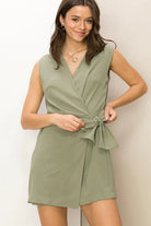 Hyfve Flirty Flair Knot-Detail Wrap-Effect Romper In Olive-Rompers & Jumpsuits-Hyfve-Deja Nu Boutique, Women's Fashion Boutique in Lampasas, Texas