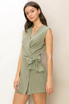 Hyfve Flirty Flair Knot-Detail Wrap-Effect Romper In Olive-Rompers & Jumpsuits-Hyfve-Deja Nu Boutique, Women's Fashion Boutique in Lampasas, Texas