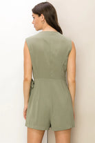 Hyfve Flirty Flair Knot-Detail Wrap-Effect Romper In Olive-Rompers & Jumpsuits-Hyfve-Deja Nu Boutique, Women's Fashion Boutique in Lampasas, Texas