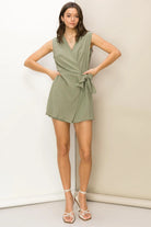 Hyfve Flirty Flair Knot-Detail Wrap-Effect Romper In Olive-Rompers & Jumpsuits-Hyfve-Deja Nu Boutique, Women's Fashion Boutique in Lampasas, Texas