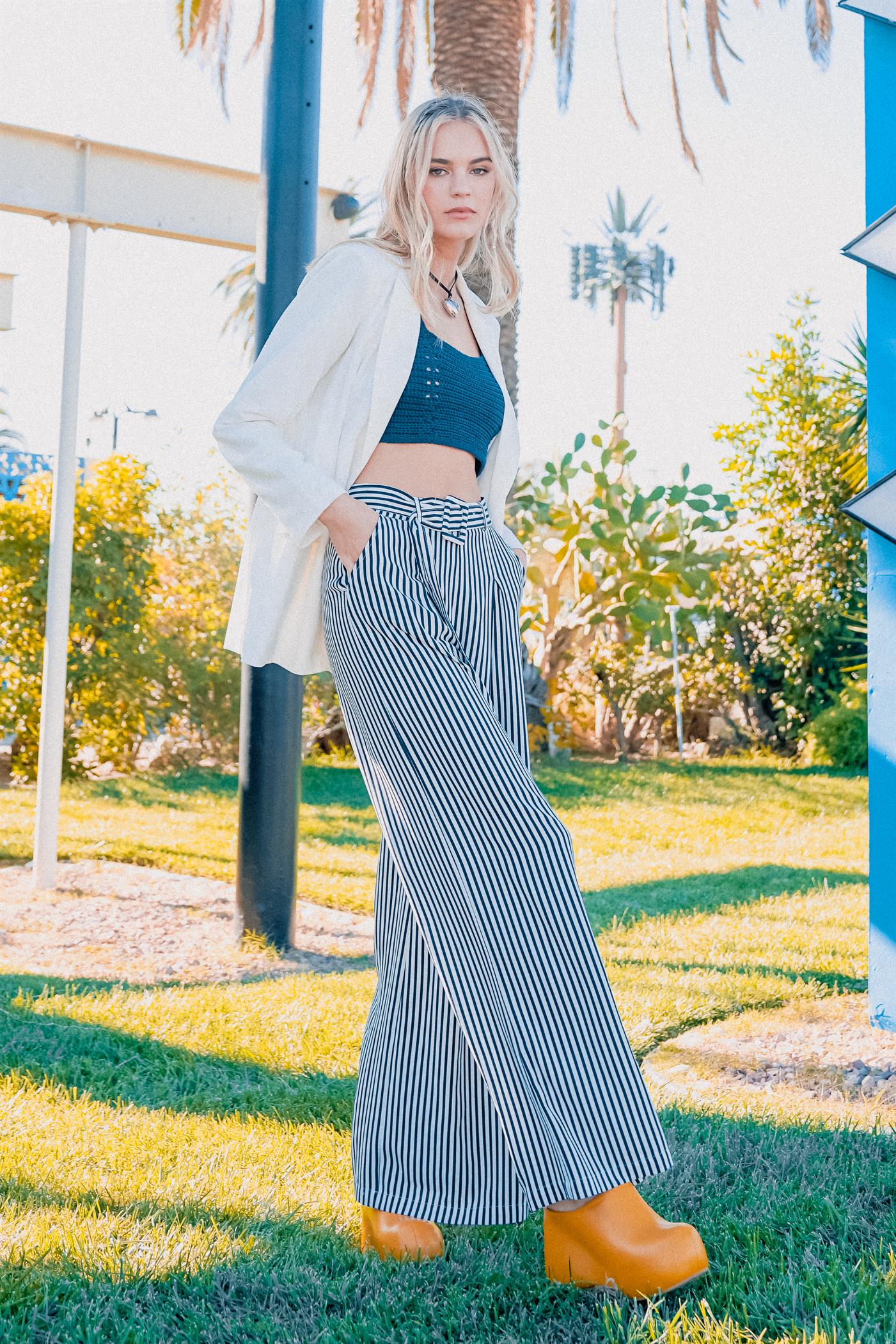 Hyfve Funky Flare High-Waisted Stripe-Print Flared Pants In Navy And White-Bottoms-Hyfve-Deja Nu Boutique, Women's Fashion Boutique in Lampasas, Texas