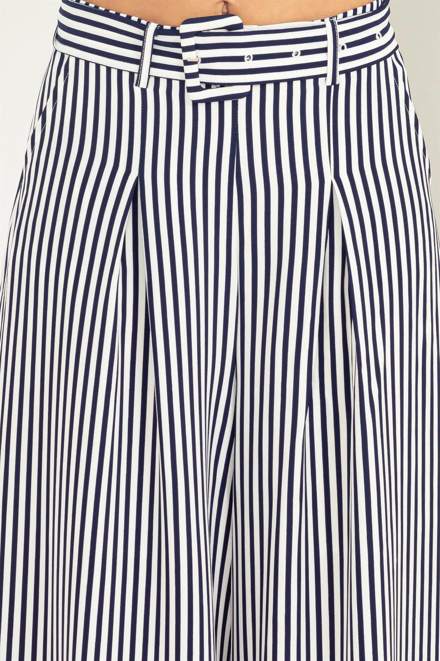 Hyfve Funky Flare High-Waisted Stripe-Print Flared Pants In Navy And White-Bottoms-Hyfve-Deja Nu Boutique, Women's Fashion Boutique in Lampasas, Texas