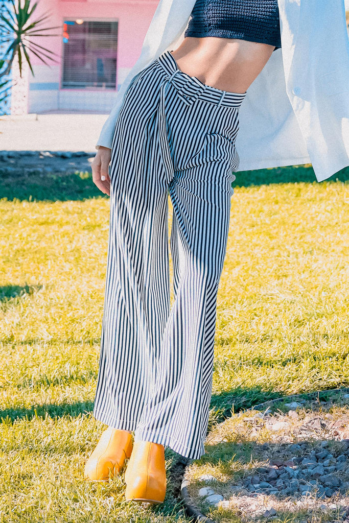 Hyfve Funky Flare High-Waisted Stripe-Print Flared Pants In Navy And White-Bottoms-Hyfve-Deja Nu Boutique, Women's Fashion Boutique in Lampasas, Texas