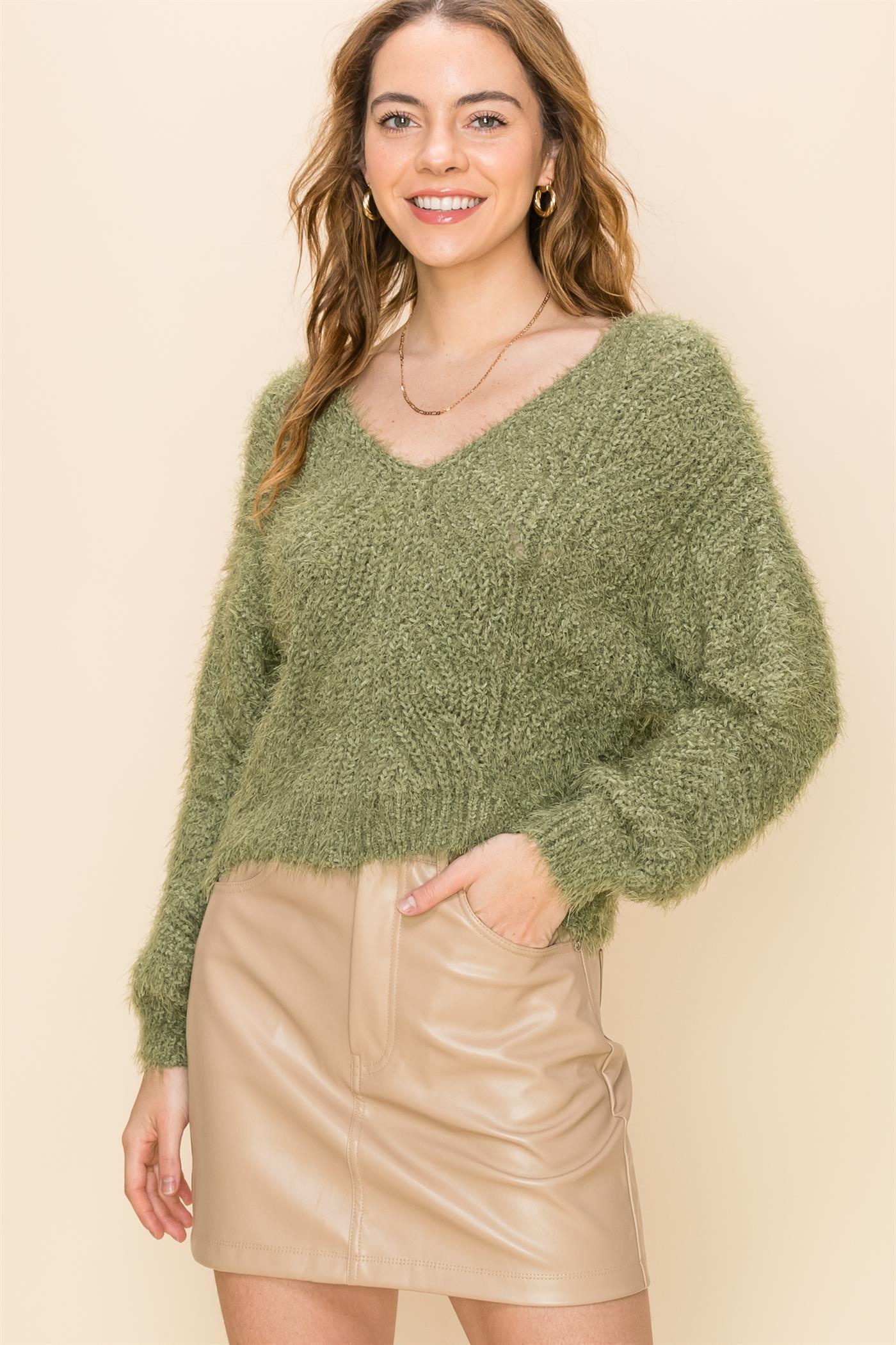 Hyfve Furry Crop V Neck Sweaters In Olive Or Rose-Sweaters-Hyfve-Deja Nu Boutique, Women's Fashion Boutique in Lampasas, Texas